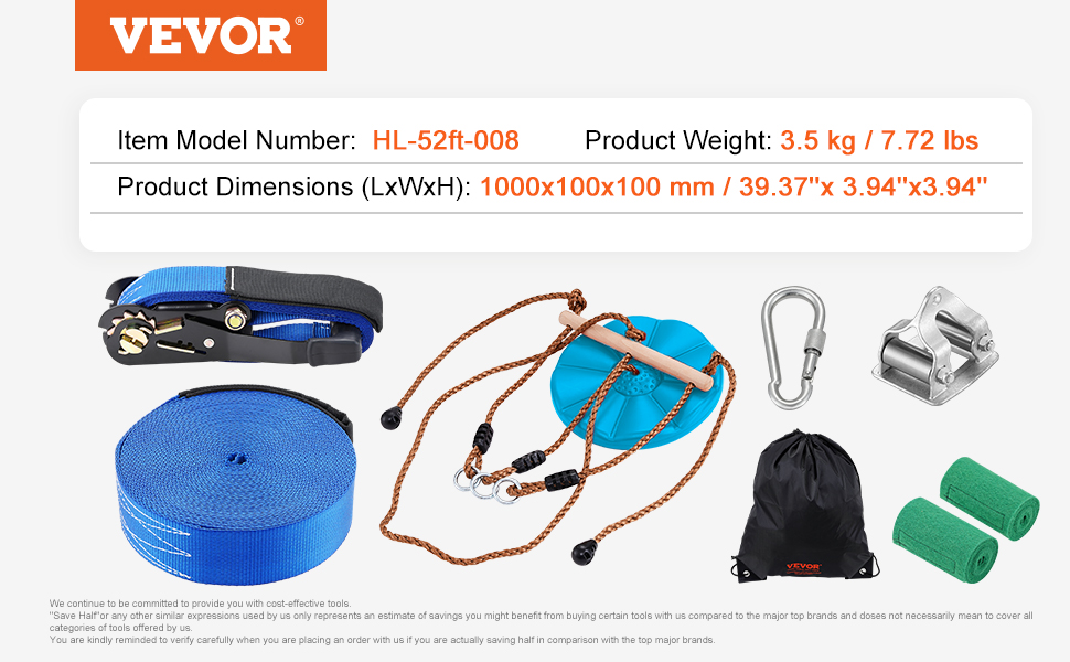 VEVOR Zipline-Kit Für Kinder & Erwachsene – 19,8 M Seilrutsche – 150 Kg Tragkraft – Inkl. Sitz, Lenker, Nylon-Sicherheitsgeschirr & Baumschonern – Garten-Spielplatz