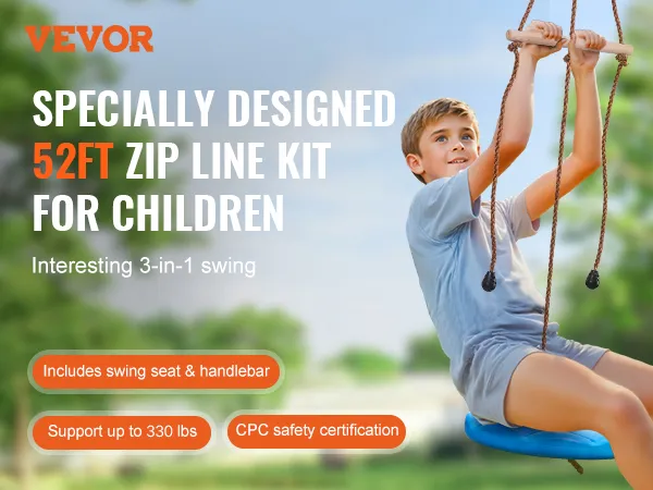 VEVOR zip line kit: 52ft zip line with swing seat and handlebar, supports up to 550 lbs, cpc certified.