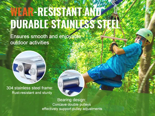 wear-resistant VEVOR zip line kit with durable stainless steel, bearing design, and rust-resistant frame.