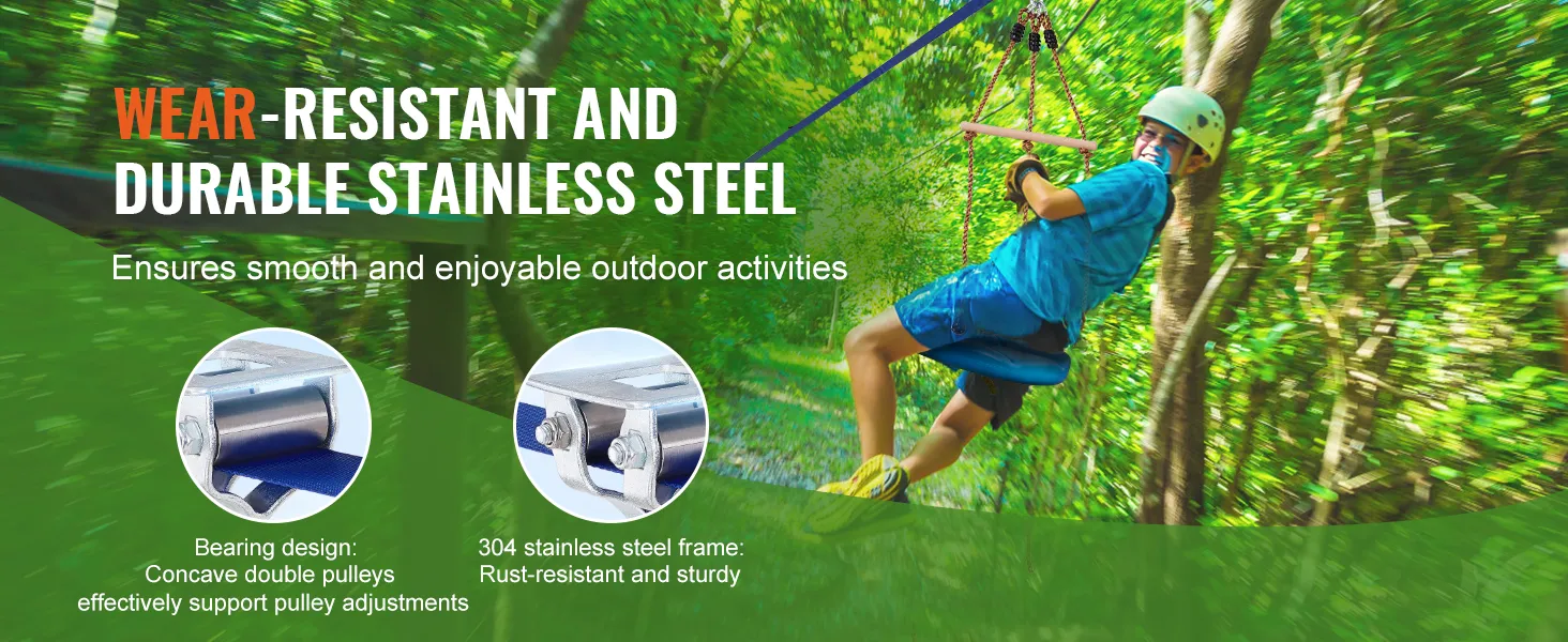 wear-resistant VEVOR zip line kit with durable stainless steel, bearing design, and rust-resistant frame.