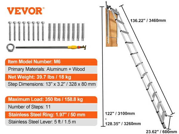 VEVOR attic ladder, model m6, aluminum and wood, supports up to 350 lbs, 11 steps, 136.22" height.