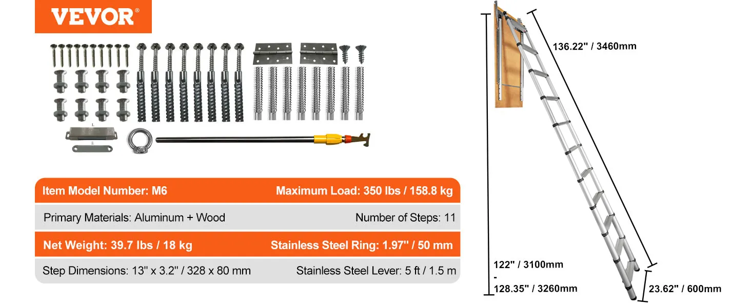 VEVOR attic ladder, model m6, aluminum and wood, supports up to 350 lbs, 11 steps, 136.22" height.
