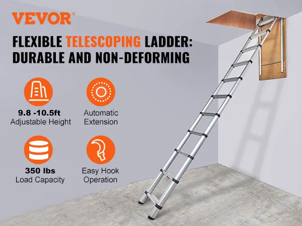 VEVOR attic ladder with telescoping design, 350 lbs load capacity, and adjustable height up to 10.5 ft.