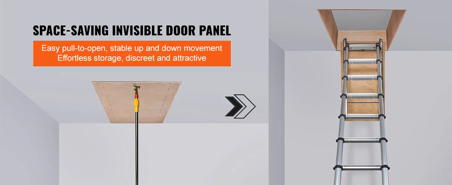 VEVOR attic ladder with telescoping design, 350 lbs load capacity, and adjustable height up to 10.5 ft.