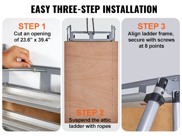easy three-step installation guide for VEVOR attic ladder: cut an opening, suspend ladder, secure frame.