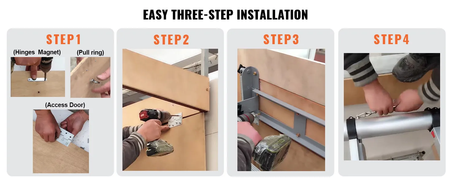 easy three-step installation guide for VEVOR attic ladder: cut an opening, suspend ladder, secure frame.