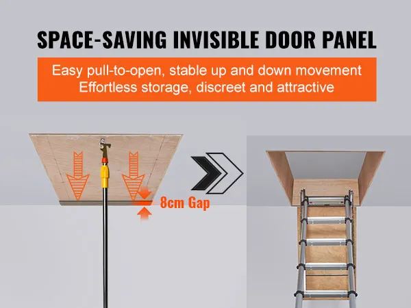space-saving VEVOR attic ladder with easy pull-to-open mechanism and stable movement for discreet storage.
