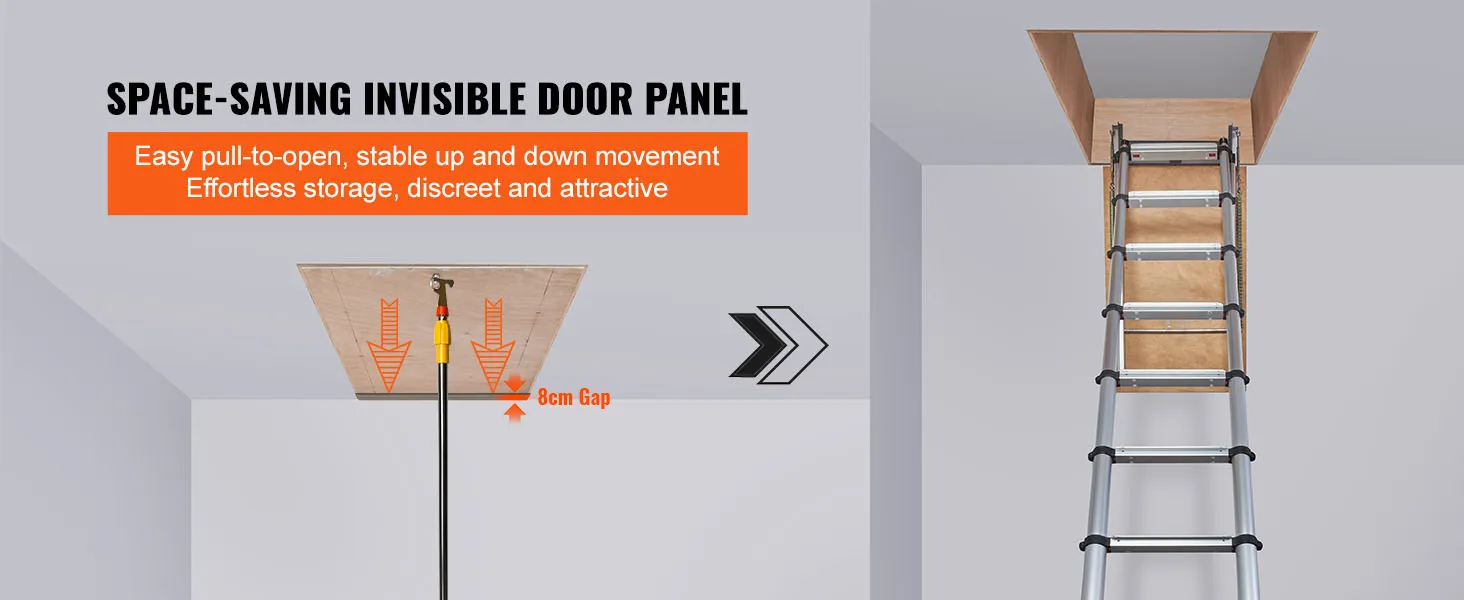 space-saving VEVOR attic ladder with easy pull-to-open mechanism and stable movement for discreet storage.