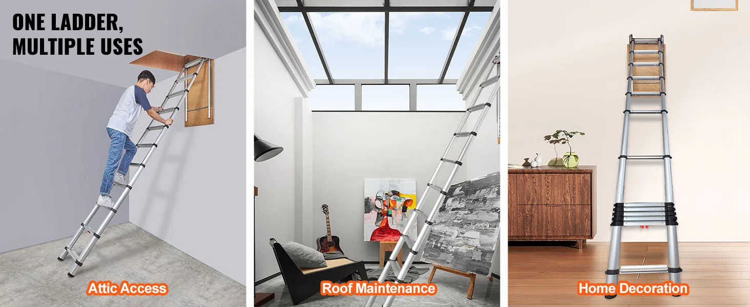 one ladder, multiple uses; VEVOR attic ladder for attic access, roof maintenance, and home decoration.