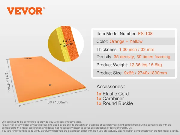 VEVOR floating water pad 12x6ft (3657x1830mm), orange and yellow, 1.3-inch thick, 17.64 lbs.