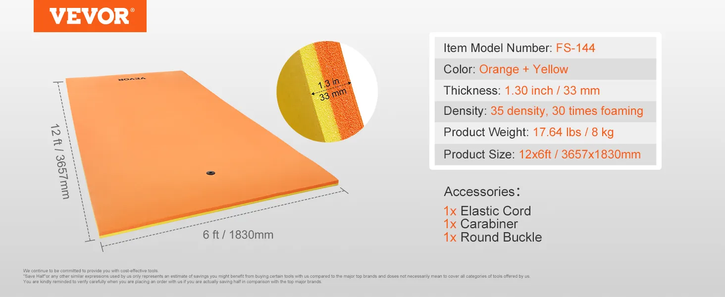 VEVOR floating water pad 12x6ft (3657x1830mm), orange and yellow, 1.3-inch thick, 17.64 lbs.