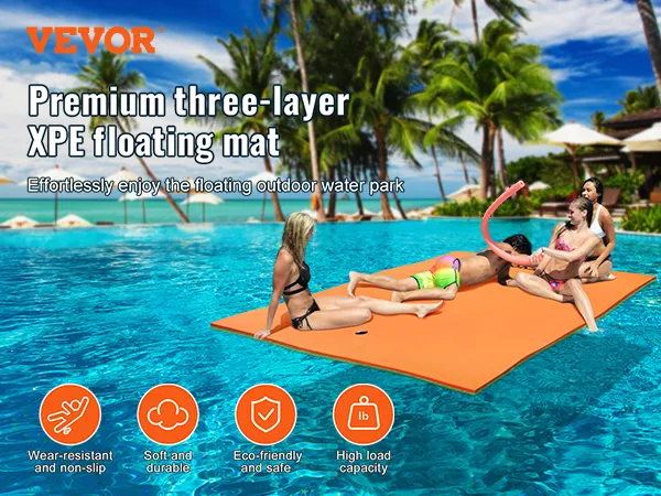 VEVOR floating water pad in a tropical pool with people relaxing and enjoying the water on an orange mat.