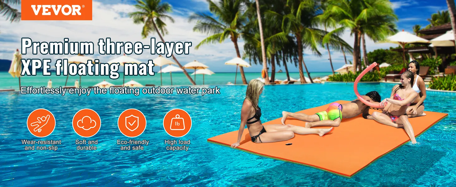 VEVOR floating water pad in a tropical pool with people relaxing and enjoying the water on an orange mat.