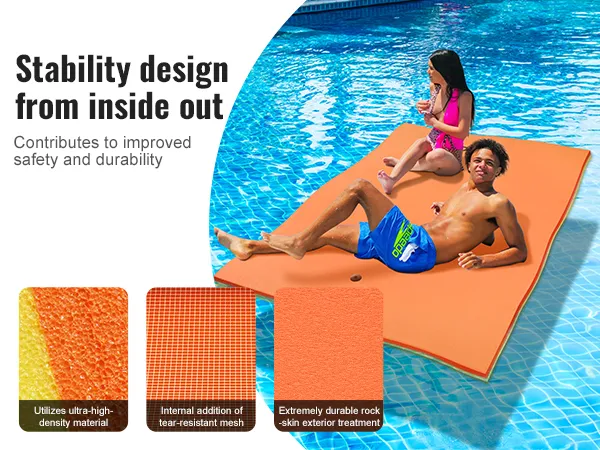 people relaxing on an orange VEVOR floating water pad in a clear blue pool, highlighting durability.