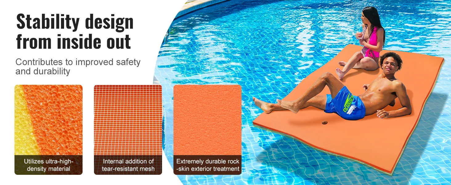 people relaxing on an orange VEVOR floating water pad in a clear blue pool, highlighting durability.