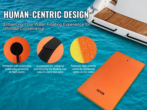 VEVOR floating water pad secured by a boat, featuring positioning holes, roll-up convenience, and high-visibility colors.