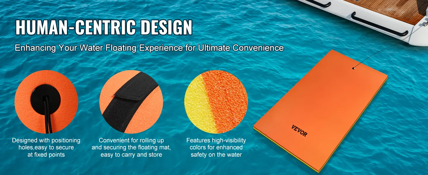VEVOR floating water pad secured by a boat, featuring positioning holes, roll-up convenience, and high-visibility colors.