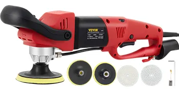 Pulidora húmeda VEVOR roja con accesorios que incluyen almohadillas de pulido y llave.