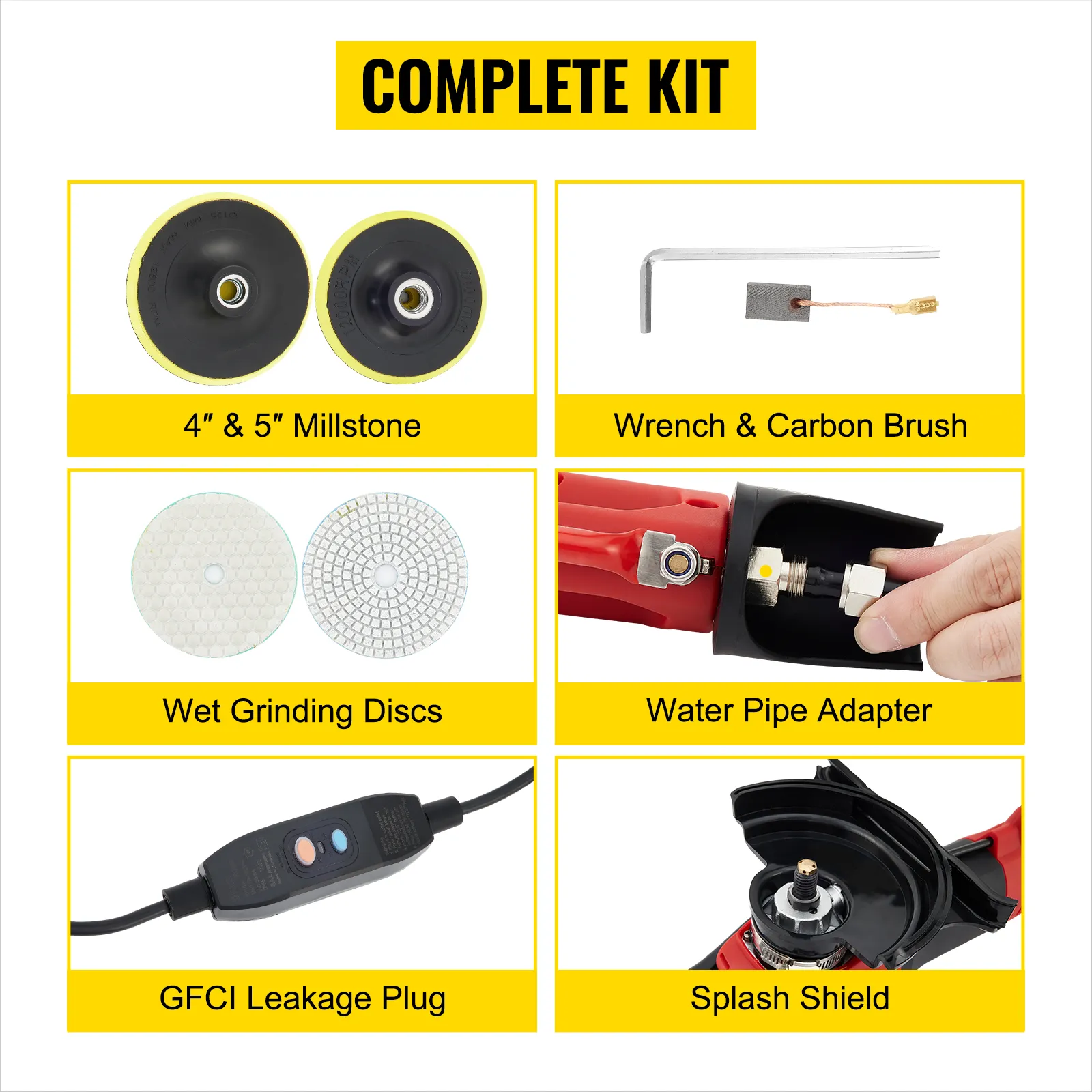 Kit completo de pulidora húmeda VEVOR con muela, llave, discos, adaptador de agua, enchufe GFCI y protector contra salpicaduras.