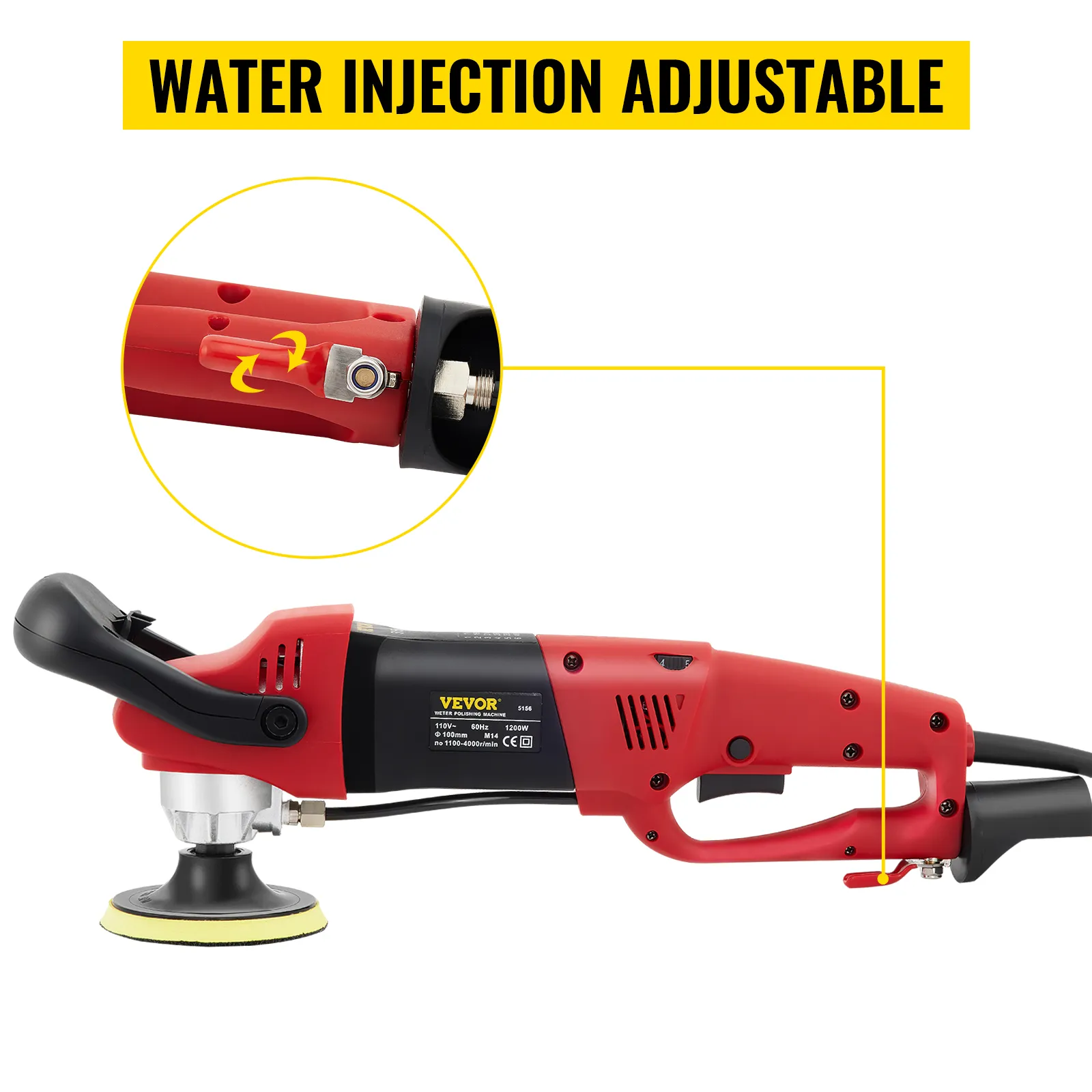 Pulidora húmeda VEVOR con inyección de agua ajustable y diseño ergonómico en color rojo y negro.