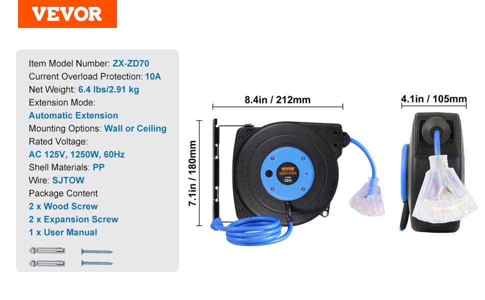 VEVOR Retractable Extension Cord Reel Power Cord Reel 30FT