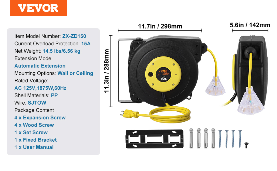 VEVOR Retractable Extension Cord Reel Power Cord Reel 45FT