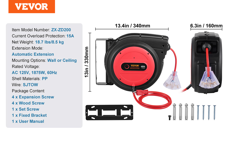 VEVOR Heavy Duty Retractable Extension Cord Reel – 65FT