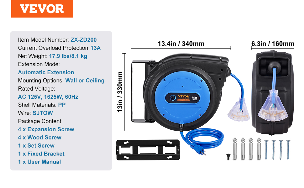 VEVOR Retractable Extension Cord Reel Power Cord Reel 75FT