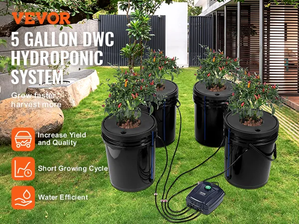 VEVOR hydroponic system: 4 black buckets with green plants on a patio.