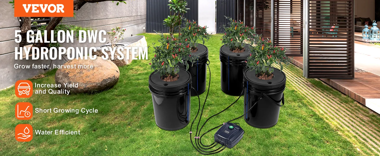 Sistema hidropónico VEVOR: 4 cubos negros con plantas verdes en un patio.