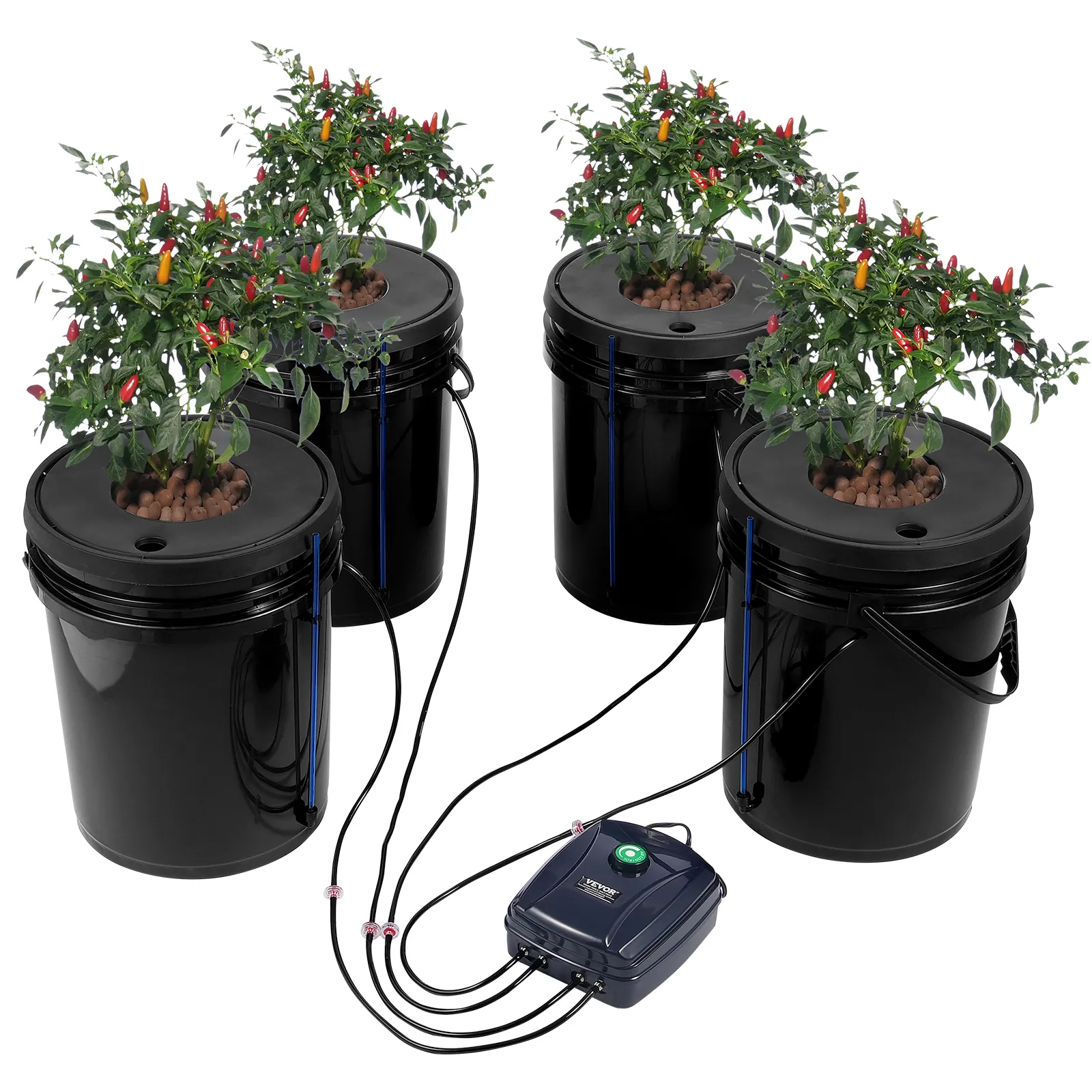 Sistema hidropónico VEVOR con 4 cubos negros para cultivar plantas de chile, conectados a una bomba de aire.