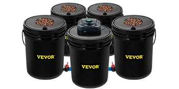 Sistema hidropónico VEVOR con cinco cubos negros y una unidad de control central.