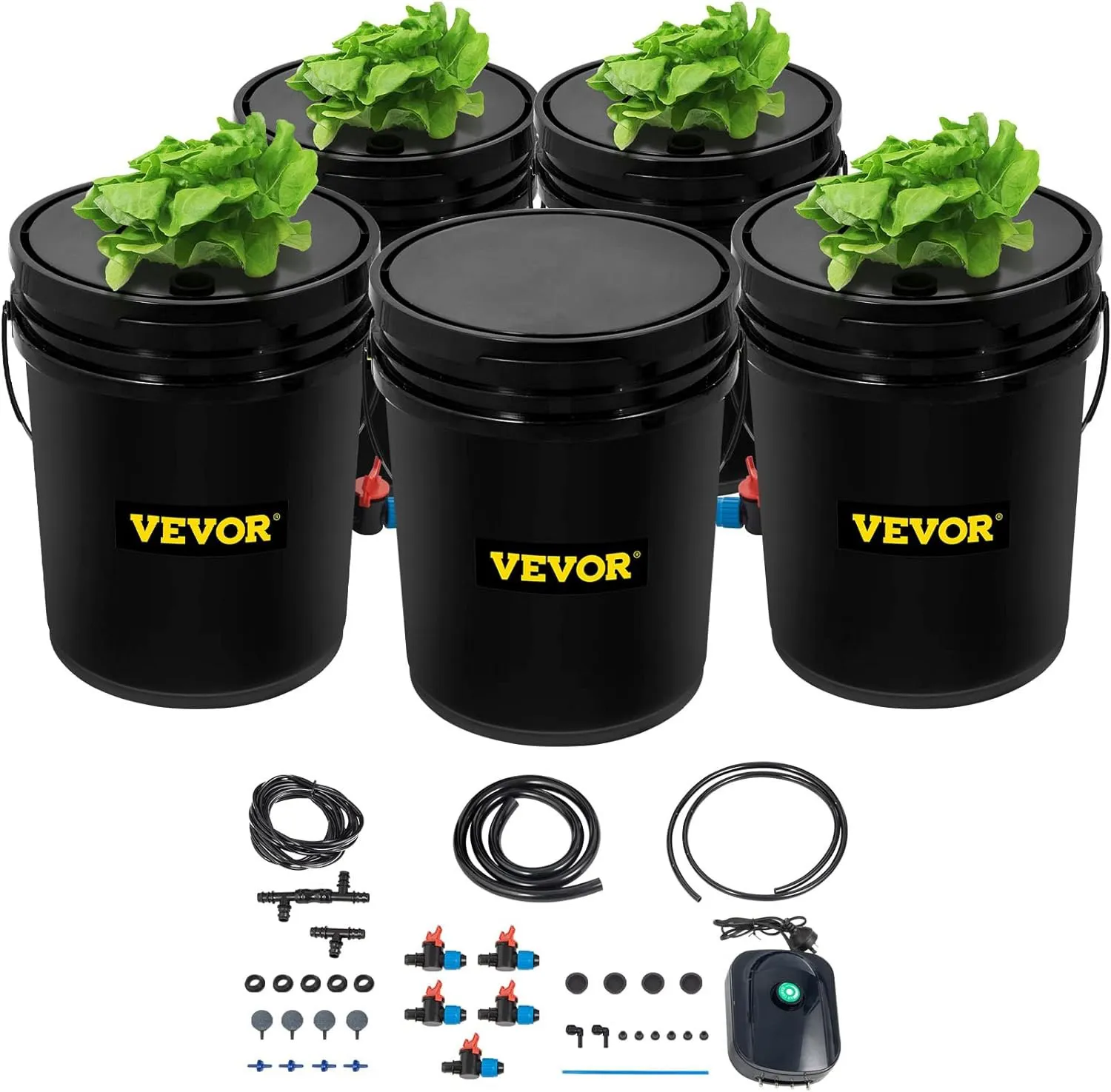 Sistema hidropónico VEVOR con exuberantes plantas verdes en cubos negros y tubos de conexión.