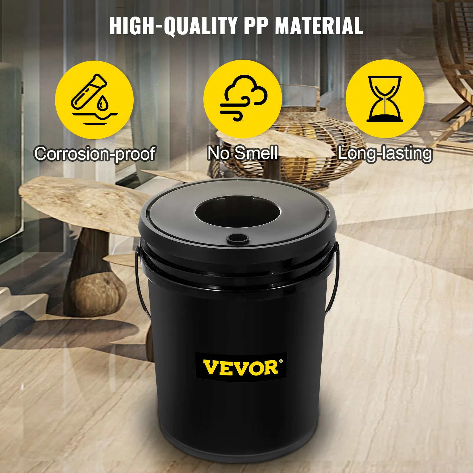 Sistema hidropónico VEVOR con contenedor negro con íconos de durabilidad.