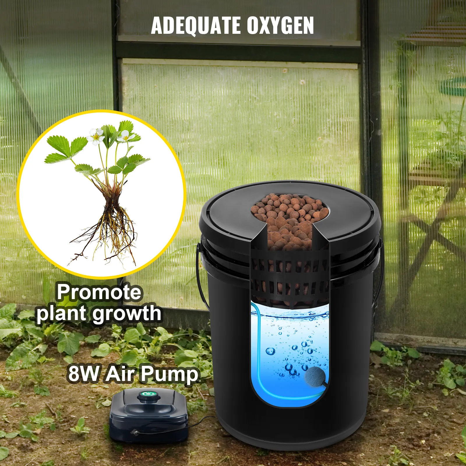 Balde con sistema hidropónico VEVOR con bomba de aire de 8 W que promueve el crecimiento de las plantas en interiores.