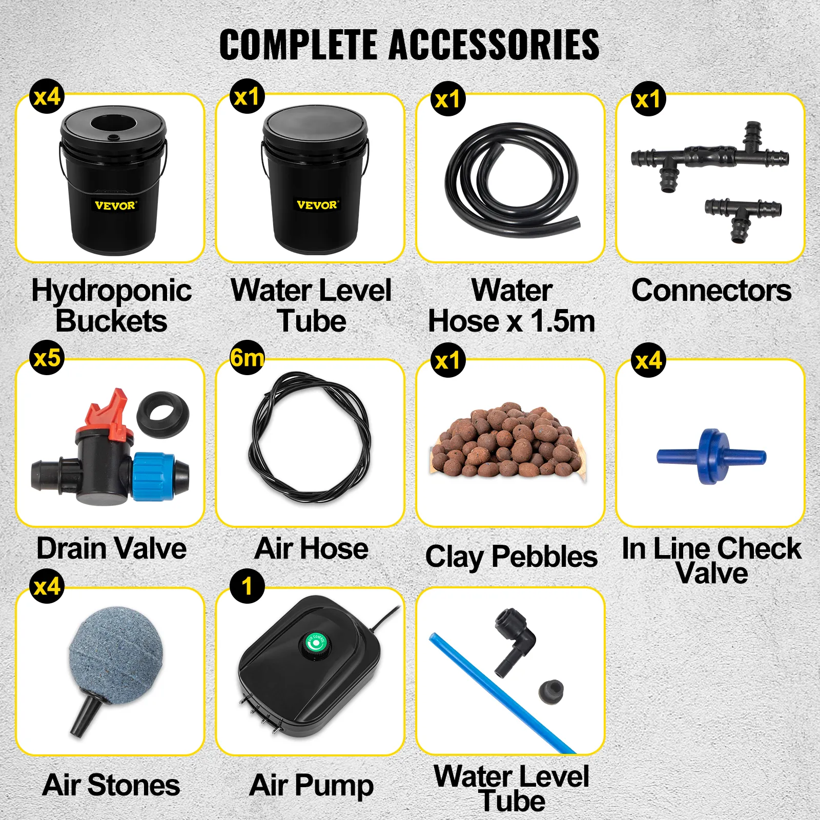 Sistema hidropónico VEVOR completo: cubos, tubos, mangueras, conectores, válvulas, piedras difusoras.