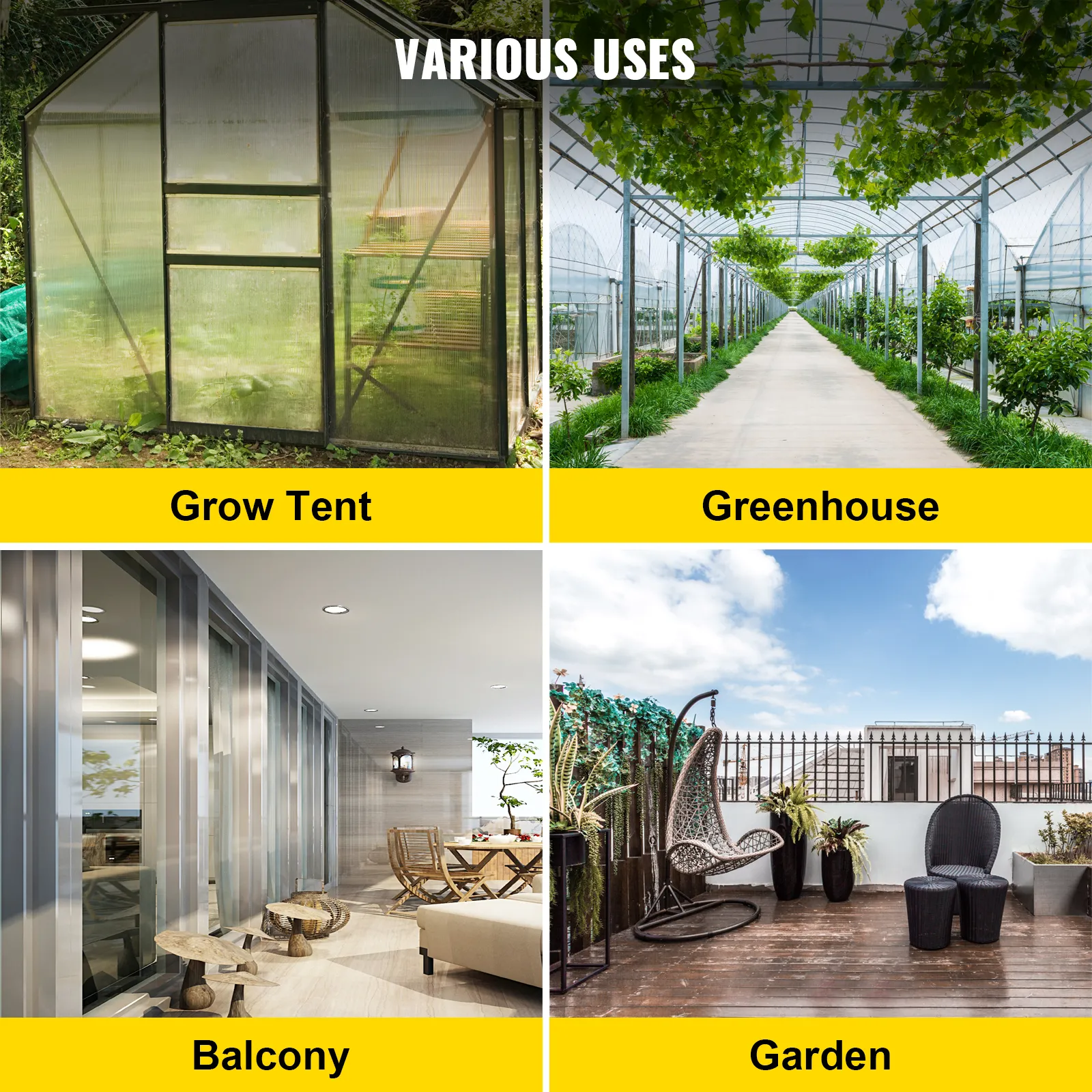 Diversos usos del sistema hidropónico VEVOR: tienda de cultivo, invernadero, balcón, jardín.