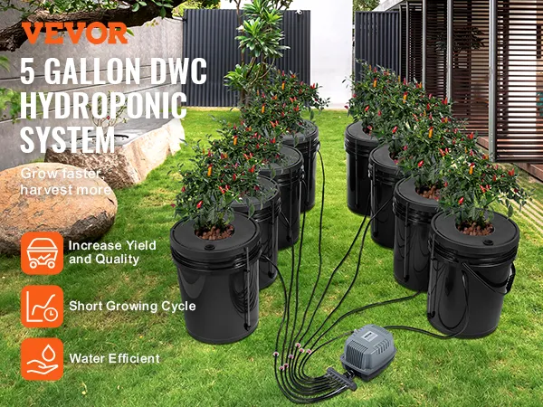 VEVOR hydrocultuursysteem met 5-gallon dwc-emmers voor efficiënt watergebruik.