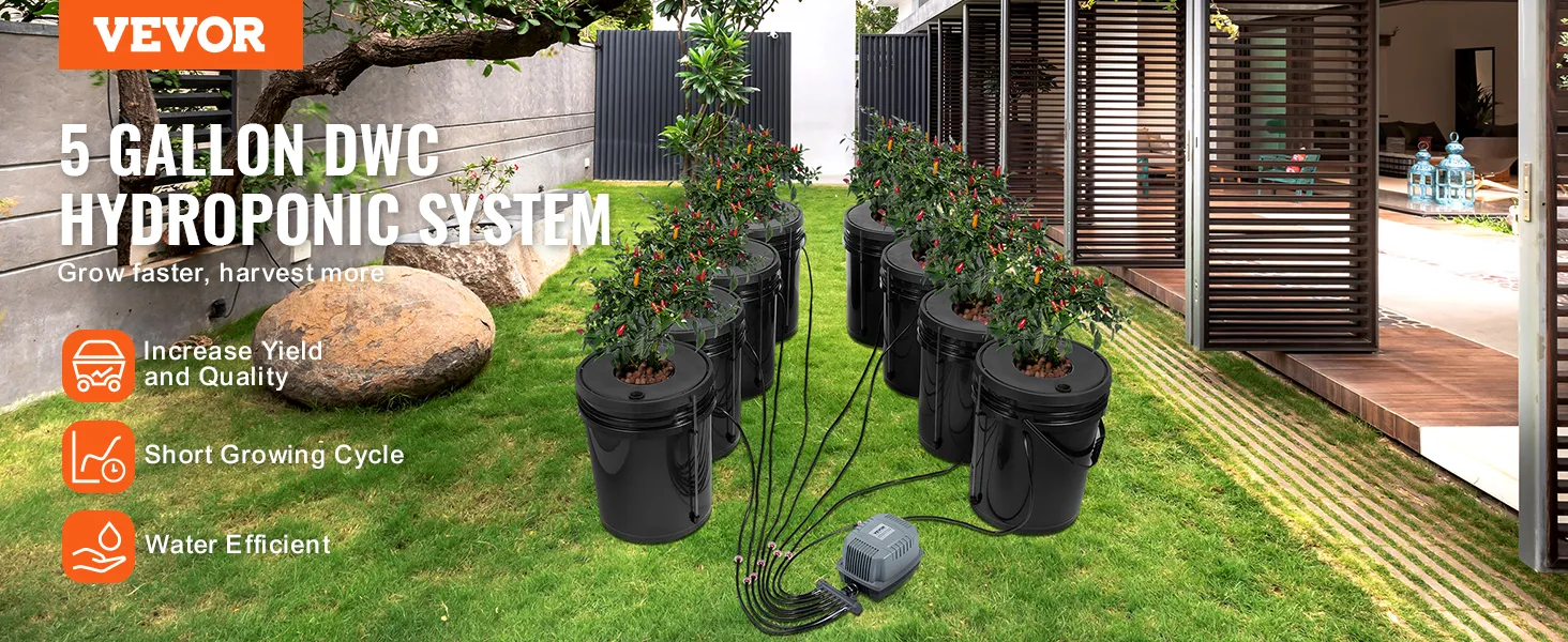 Sistema hidropónico VEVOR con baldes dwc de 5 galones para un uso eficiente del agua.