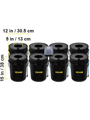 Sistema hidropónico VEVOR con 8 cubos negros etiquetados con dimensiones.