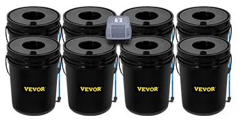 Sistema hidropónico VEVOR con 8 cubos negros y bomba de aire central.