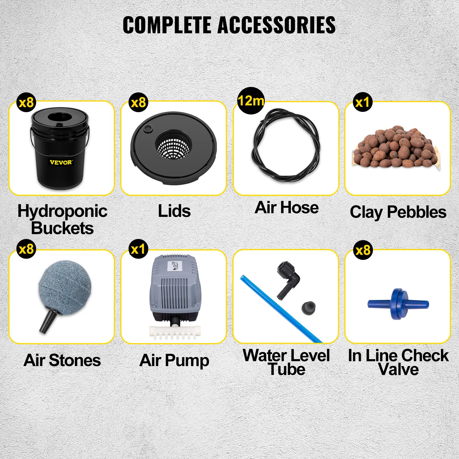Los accesorios completos para el sistema hidropónico VEVOR incluyen cubos, tapas, manguera de aire y más.