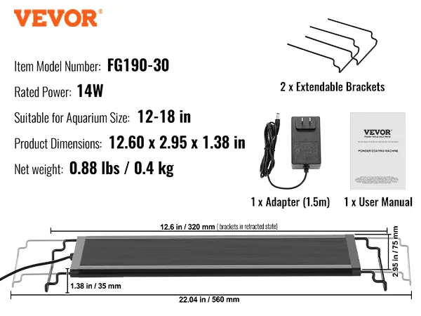 VEVOR aquarium light fg190-30, 14w, fits 12-18 in tanks, dimensions 12.6 x 2.95 x 1.38 inches.
