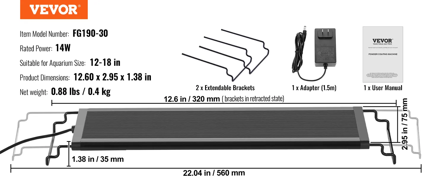 VEVOR aquarium light fg190-30, 14w, fits 12-18 in tanks, dimensions 12.6 x 2.95 x 1.38 inches.