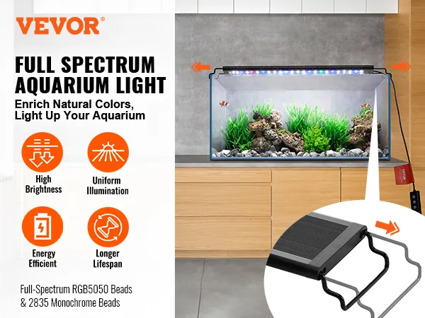 VEVOR aquarium light with full-spectrum illumination in a planted tank, showcasing high brightness and energy efficiency.