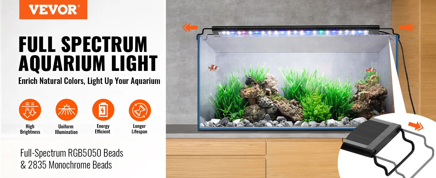 VEVOR aquarium light with full-spectrum illumination in a planted tank, showcasing high brightness and energy efficiency.