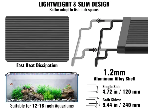 VEVOR aquarium light with slim 1.2mm aluminum alloy shell, fast heat dissipation, fits 12-18 inch tanks.