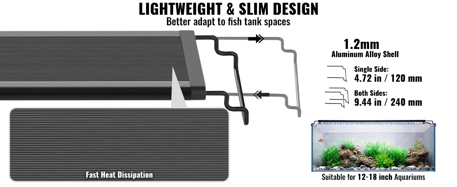 VEVOR aquarium light with slim 1.2mm aluminum alloy shell, fast heat dissipation, fits 12-18 inch tanks.
