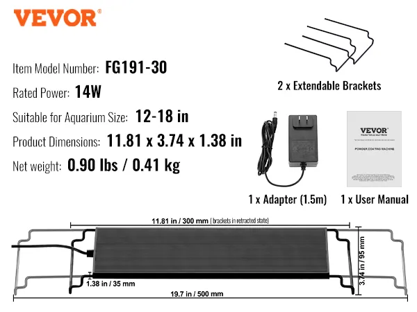 VEVOR aquarium light, model fg191-30, 14w, fits 12-18 in tanks, includes adapter, manual, and brackets.