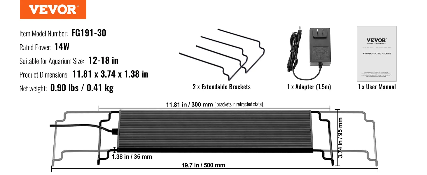 VEVOR aquarium light, model fg191-30, 14w, fits 12-18 in tanks, includes adapter, manual, and brackets.